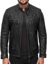 Mens Quilted Black Biker Leather Jacket